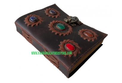 Five Stoned-Wicca-Wiccan-Antique-Brown-Leather-NeoPagan-Soft-Leather-Journal-Spell-Book-Of